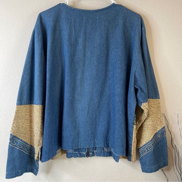 Tapestry Denim Swing Shacket Tweed Trim Pearls Zipper Front Vintage 2X - Picture 2 of 8